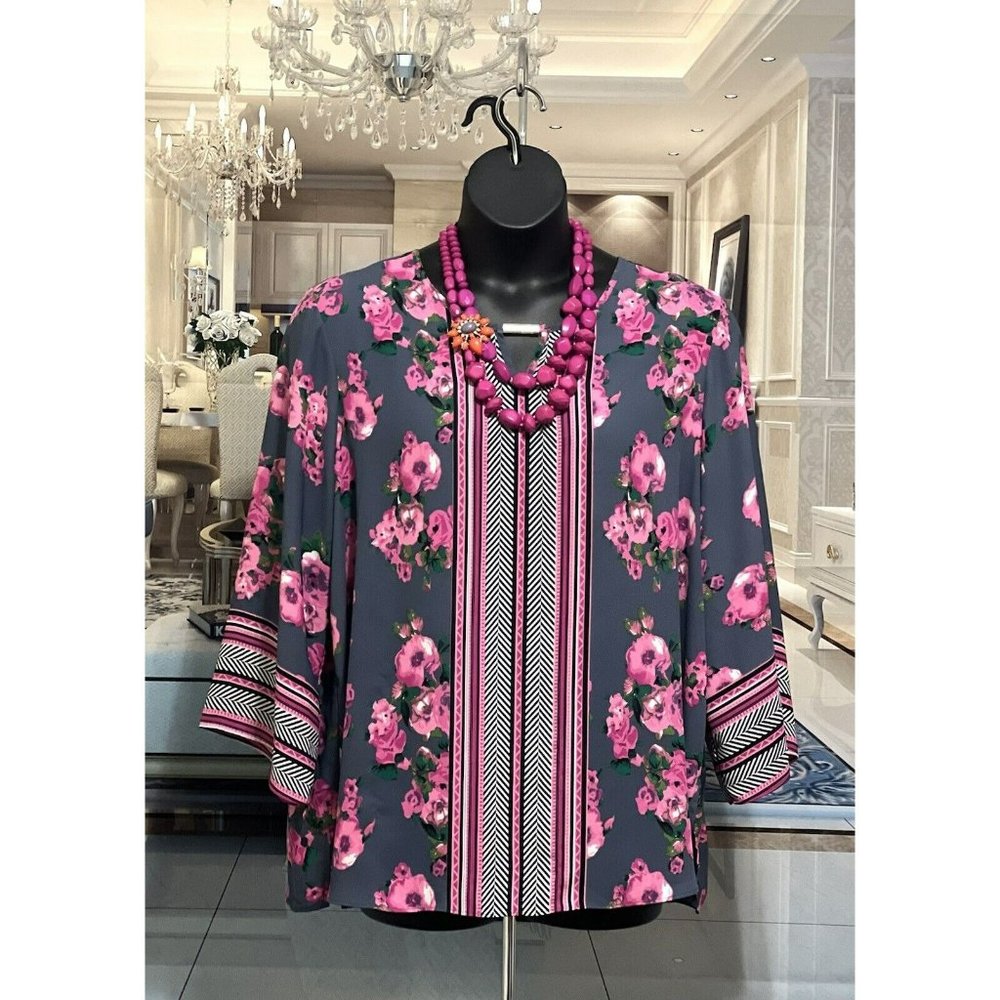 EST. 1946 PLUS SZ 18-20W PINK/GREY/BLACK/WHITE FLORAL BLOUSE/SHIRT/TUNIC/TOP